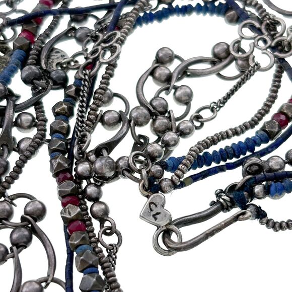 Vintage CL Silver Tone 5 Strand Blue Red Beaded Charm Necklace 15.25" - Picture 3 of 4